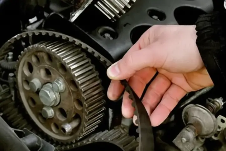 Mão de mecânico segurando correia dentada em close-up de motor de carro, mostrando engrenagens, polias e componentes metálicos em detalhe técnico.